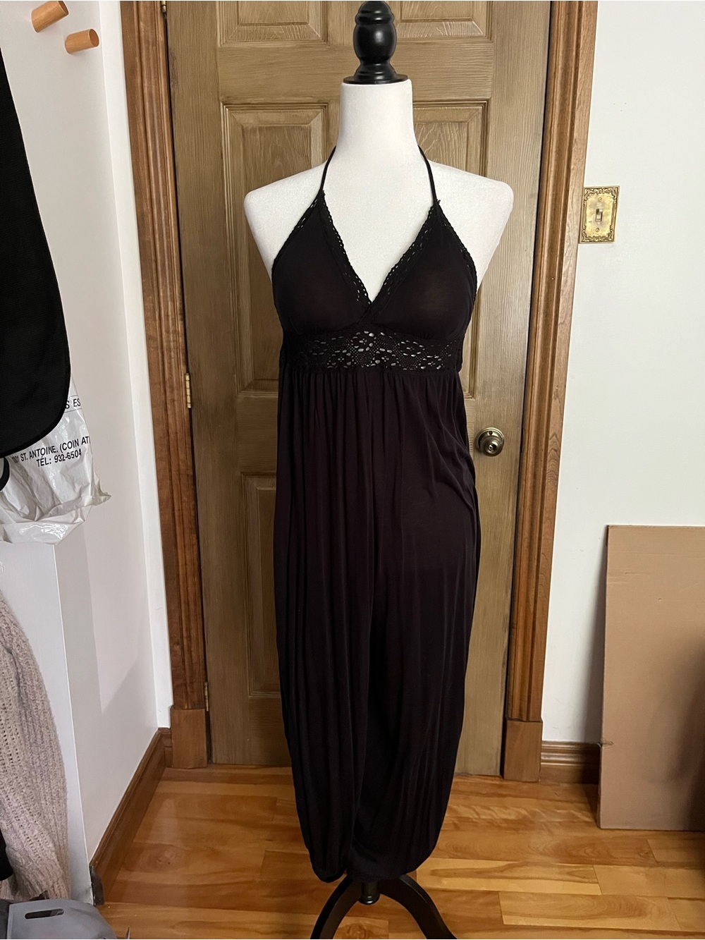 Black Halter Lace-Trim Maxi Jumpsuit